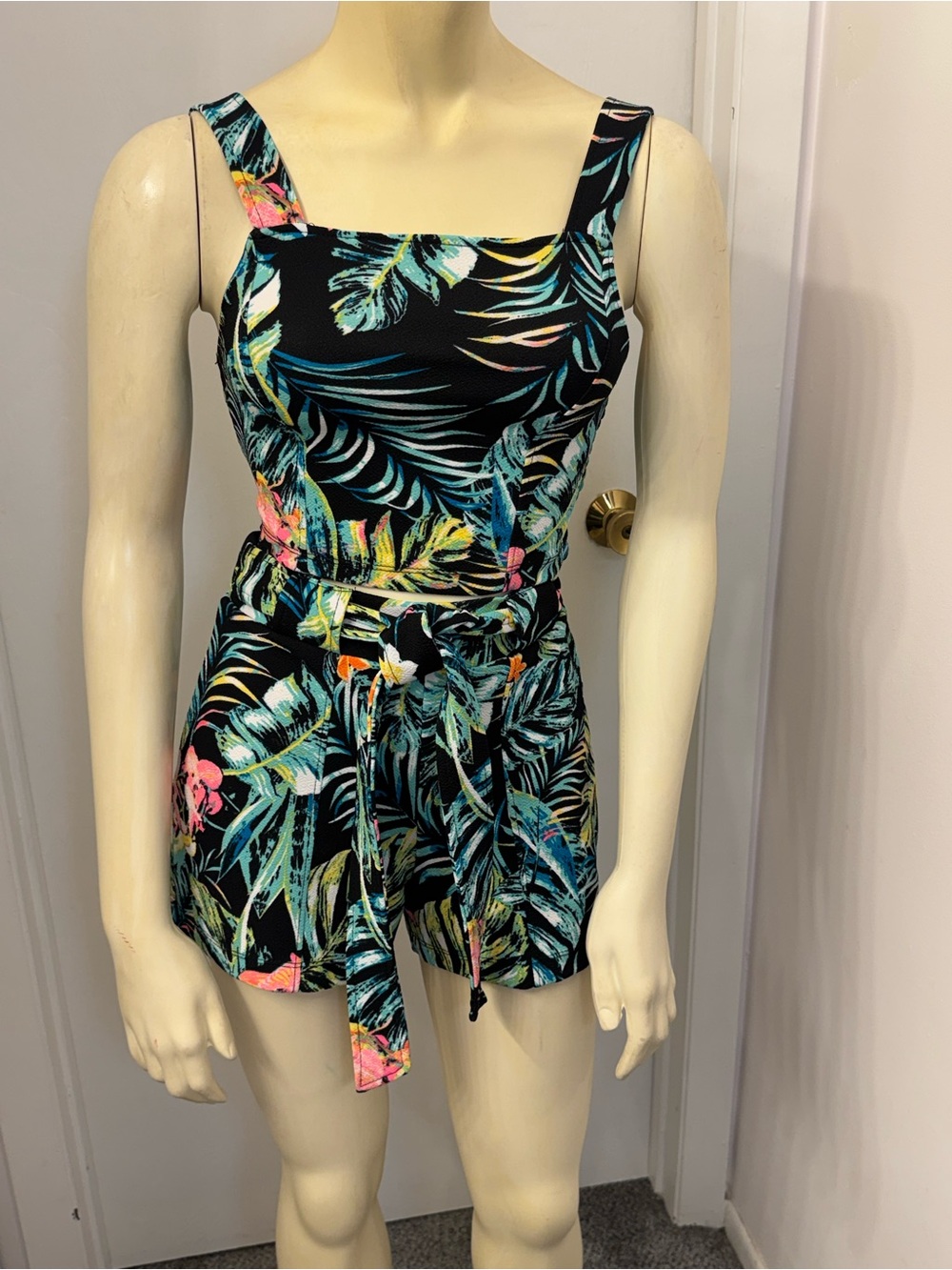 No Boundaries Black Tropical Print Girls' One-Piece Romper with Tie Waist